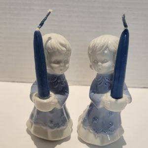 2 White Blue Porcelain Christmas Boy Girl Candle‎ Holders
